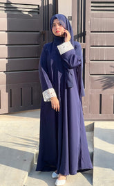 Pintex Abaya with Lace Cuffs - NAVY BLUE