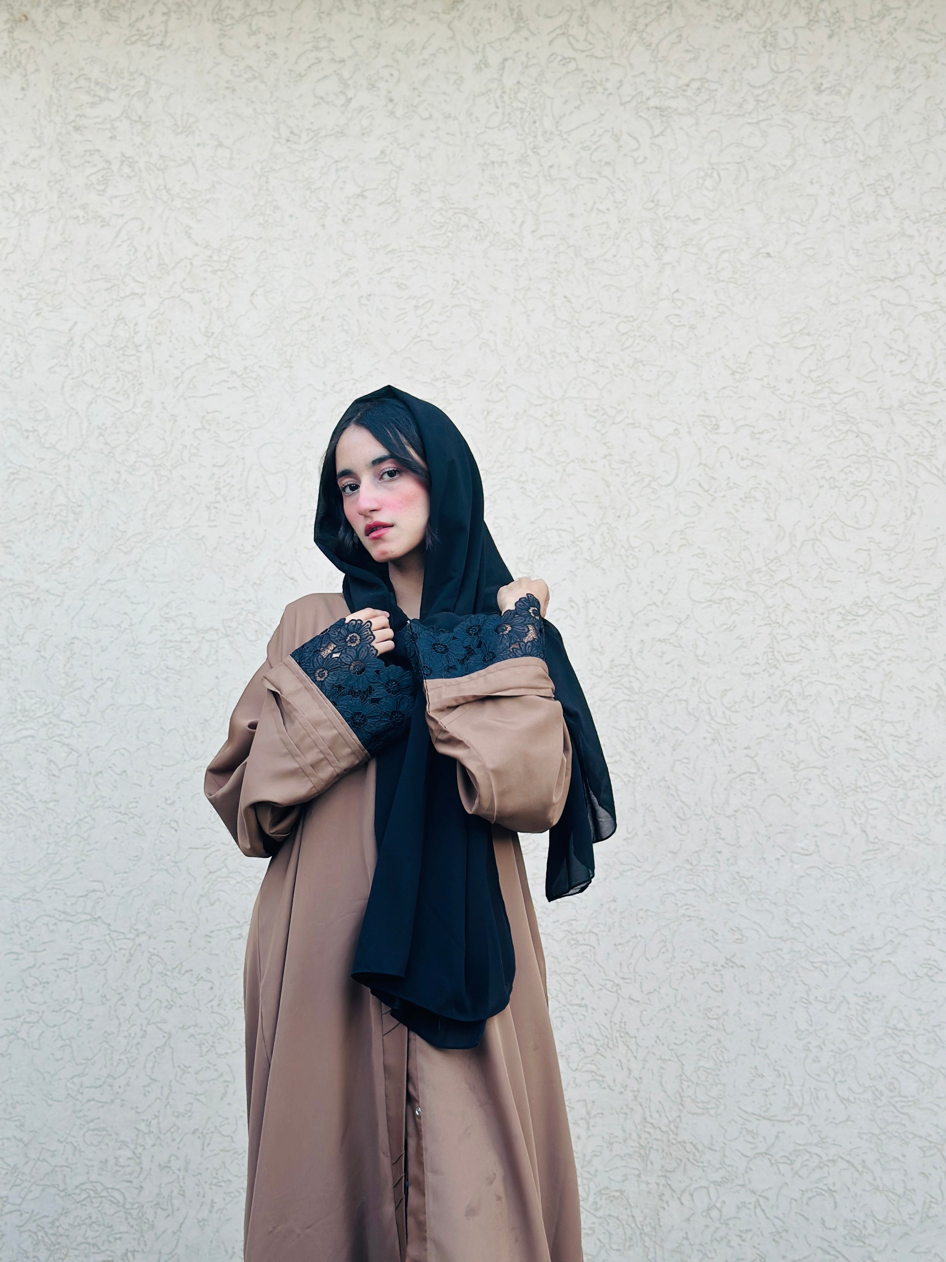 Pintex Abaya with Lace Cuffs - Camel Brown