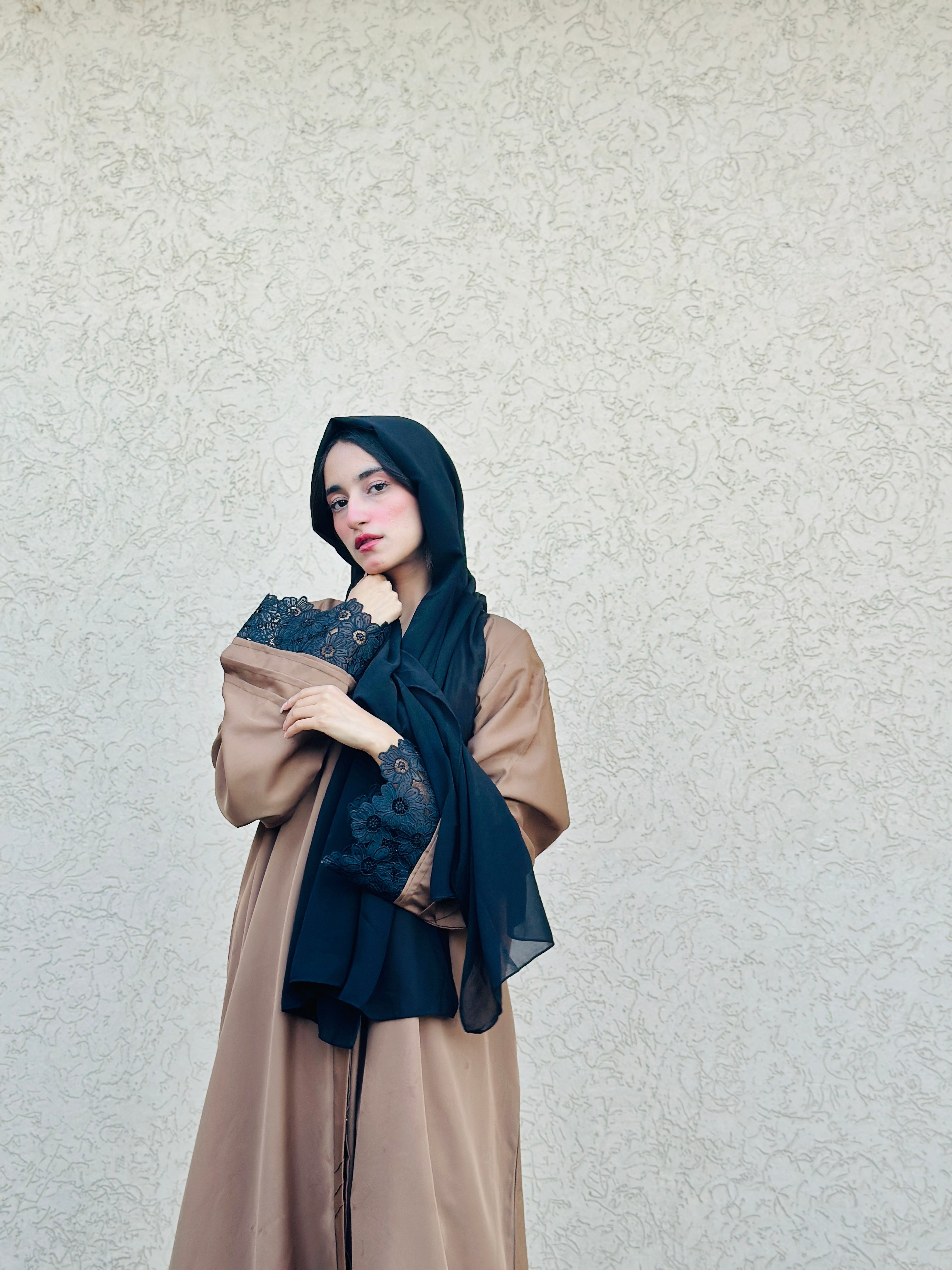 Pintex Abaya with Lace Cuffs - Camel Brown