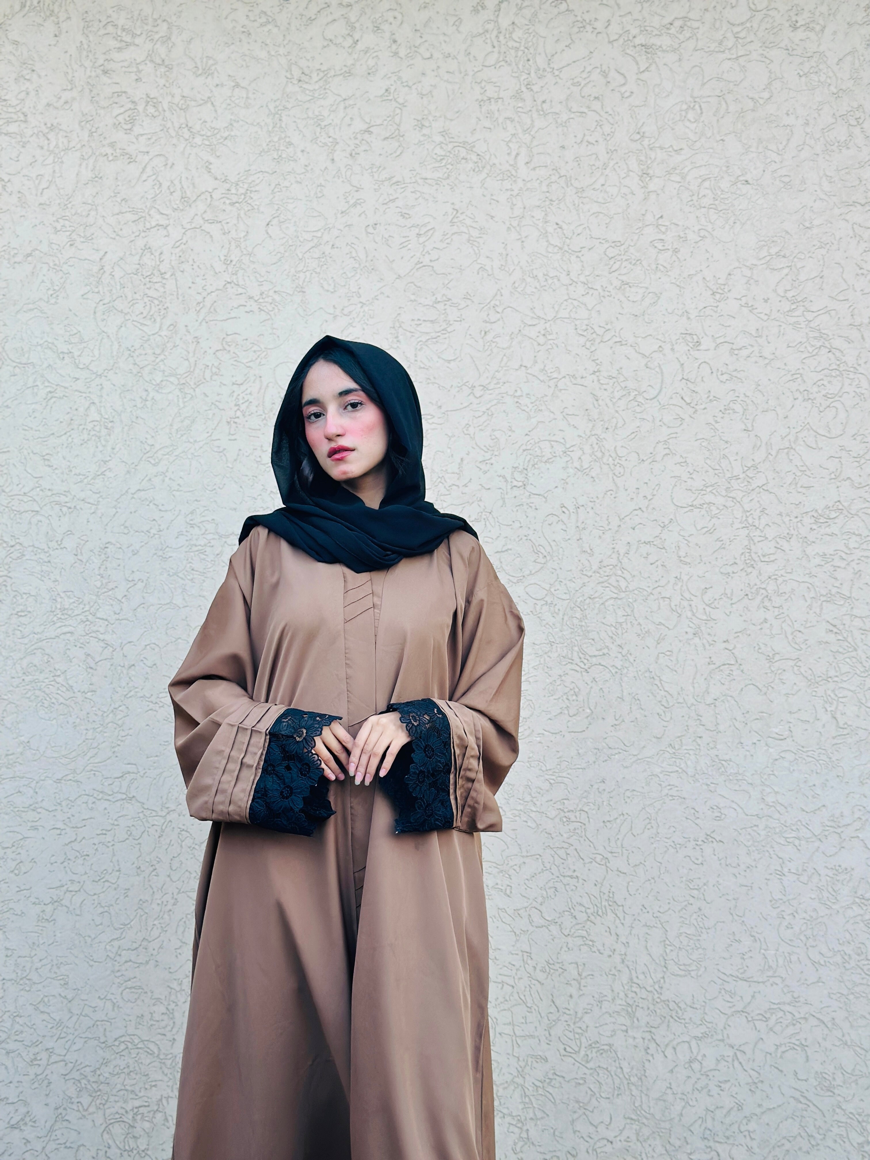 Pintex Abaya with Lace Cuffs - Camel Brown