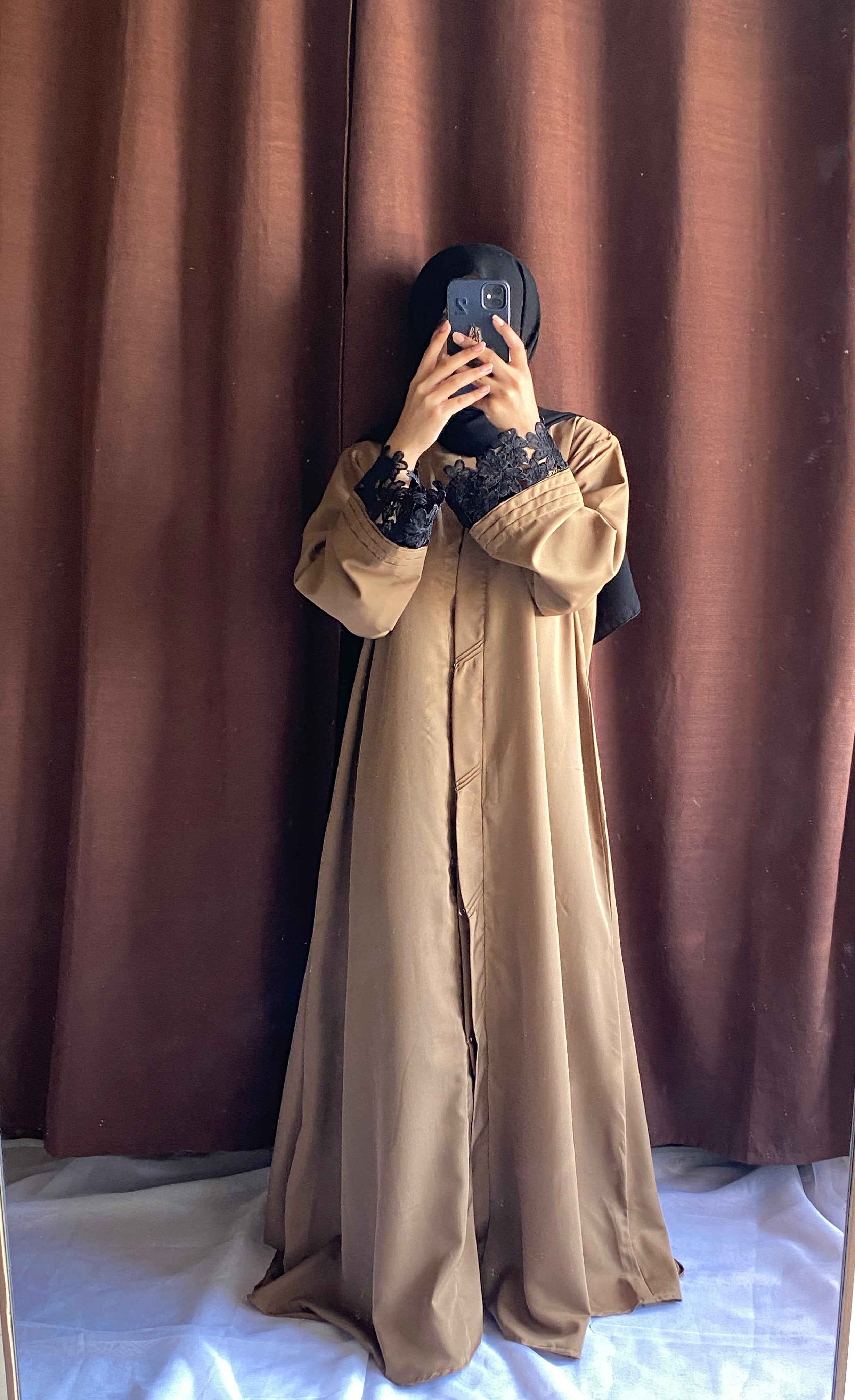 Pintex Abaya with Lace Cuffs - Camel Brown