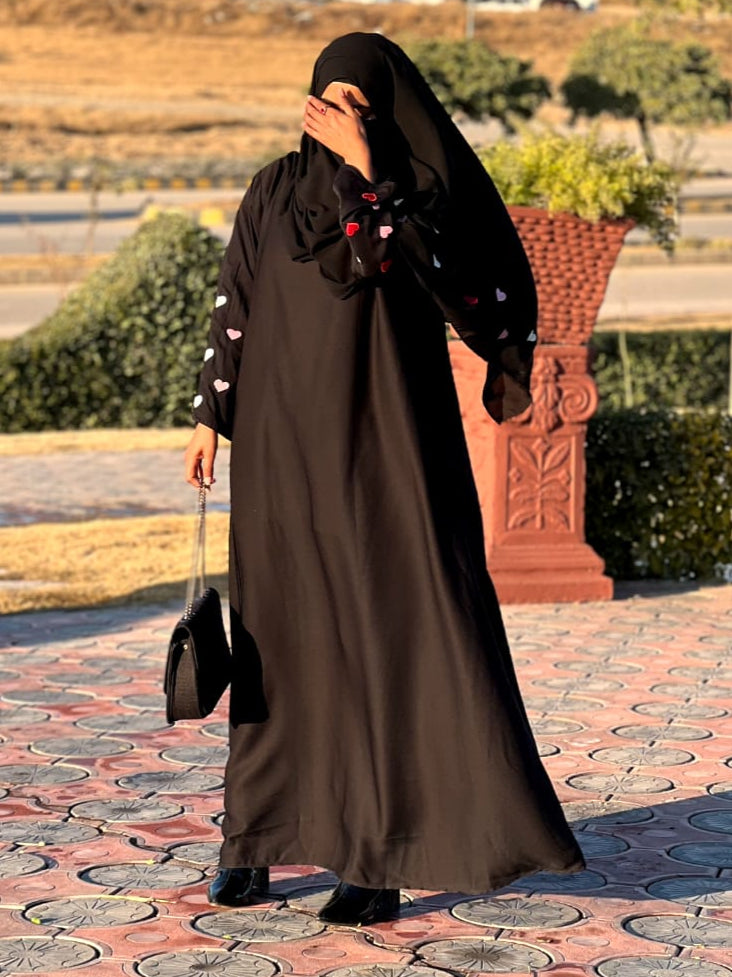 Heart Accents Bell-Sleeve Embroidery Abaya