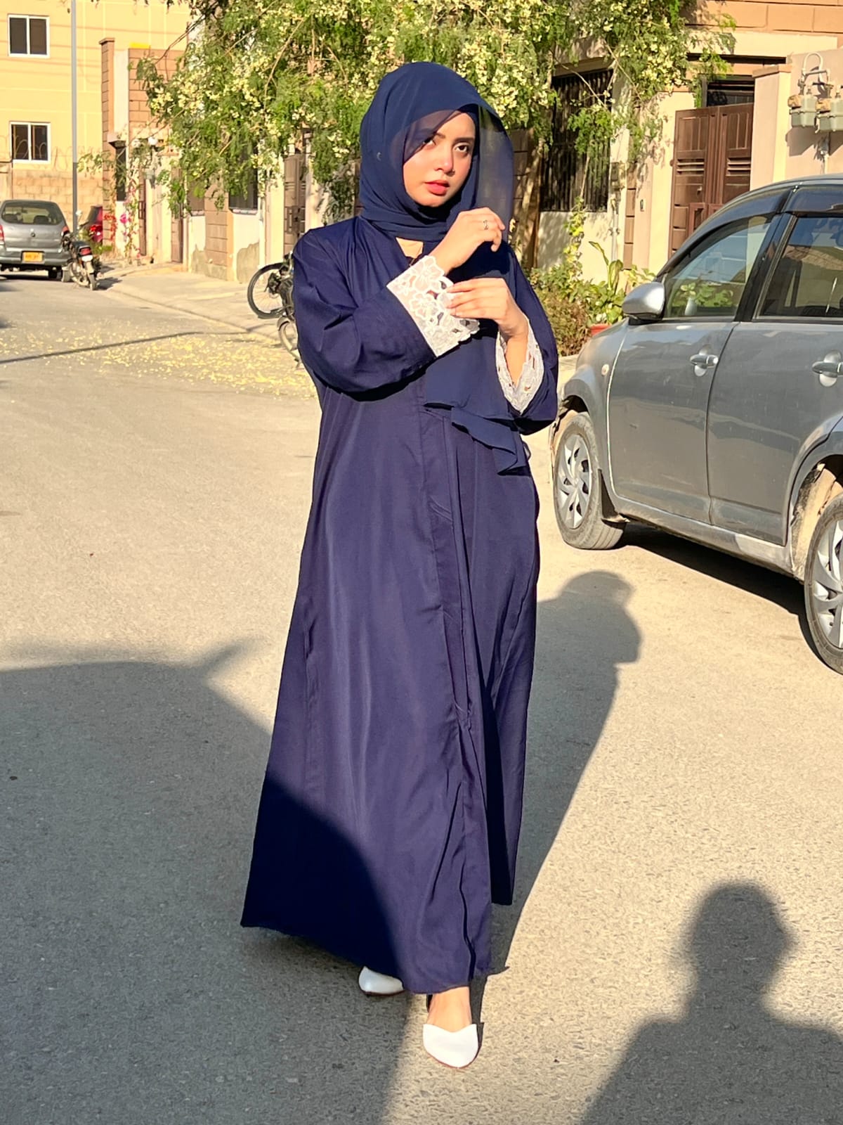 Pintex Abaya with Lace Cuffs - NAVY BLUE
