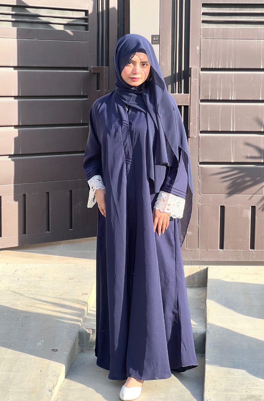 Pintex Abaya with Lace Cuffs - NAVY BLUE