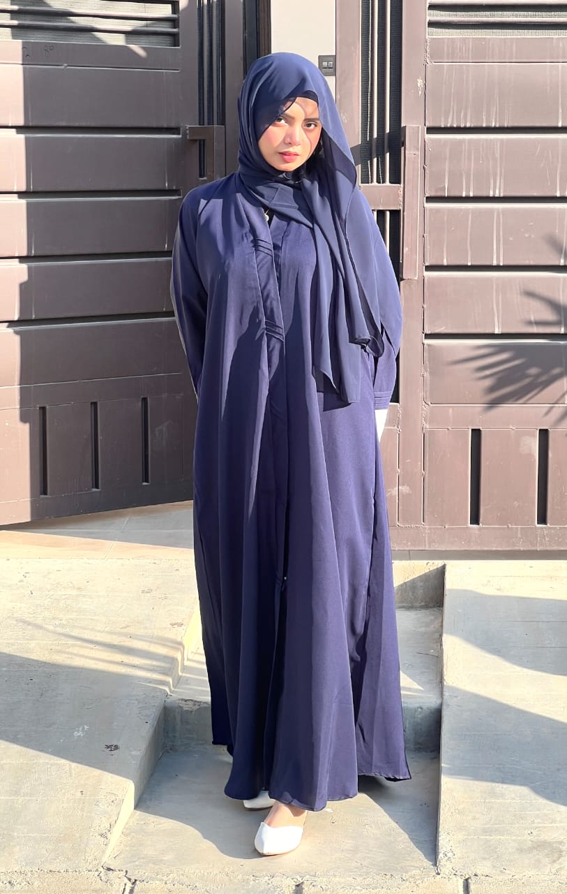Pintex Abaya with Lace Cuffs - NAVY BLUE