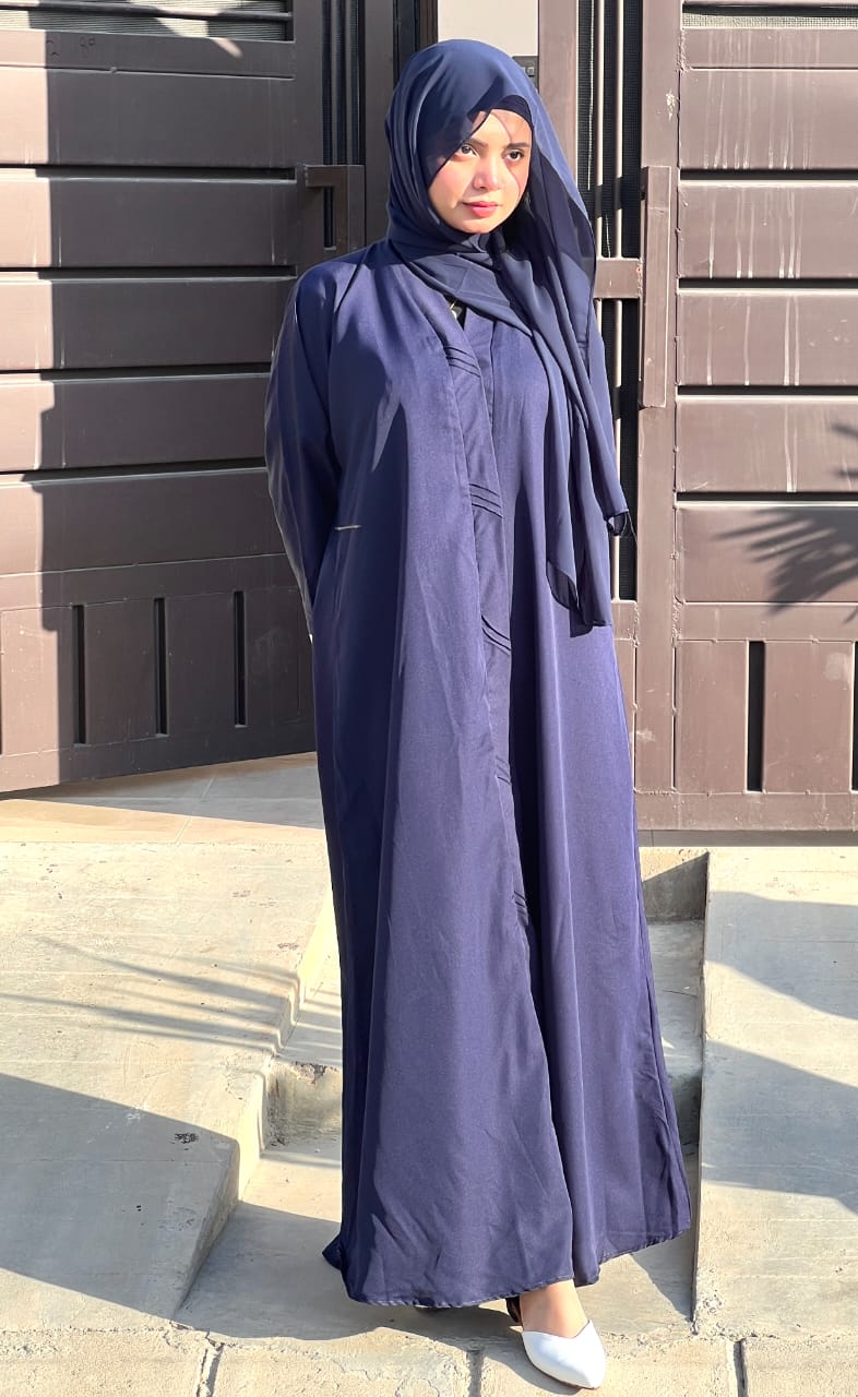 Pintex Abaya with Lace Cuffs - NAVY BLUE