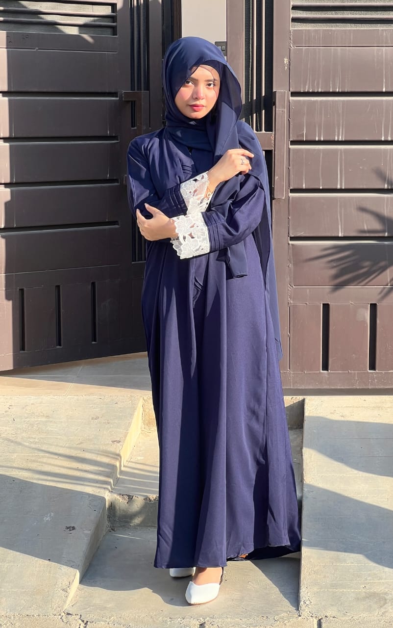 Pintex Abaya with Lace Cuffs - NAVY BLUE