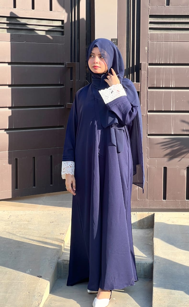 Pintex Abaya with Lace Cuffs - NAVY BLUE