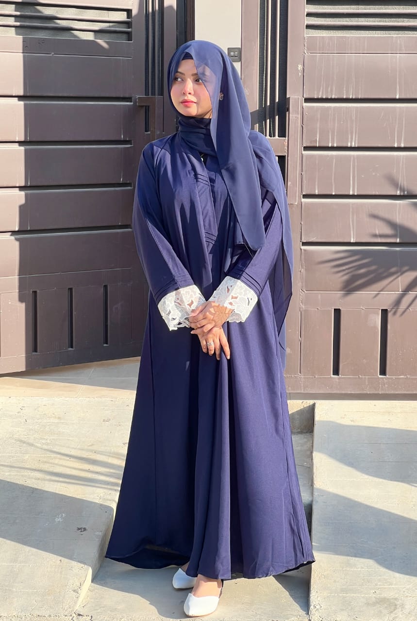 Pintex Abaya with Lace Cuffs - NAVY BLUE