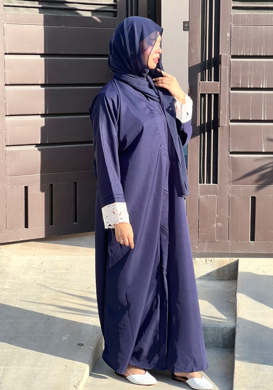 Pintex Abaya with Lace Cuffs - NAVY BLUE