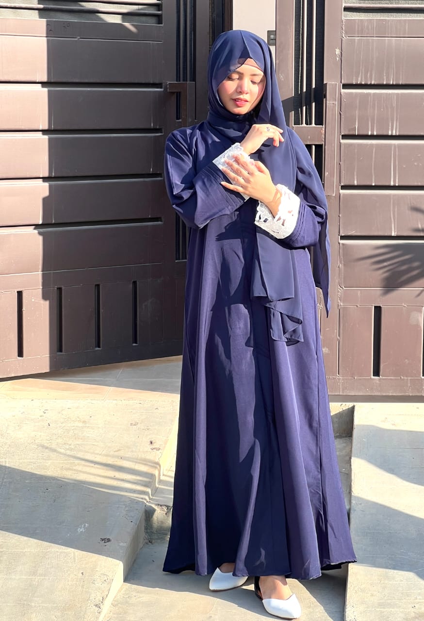 Pintex Abaya with Lace Cuffs - NAVY BLUE