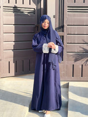Pintex Abaya with Lace Cuffs - NAVY BLUE