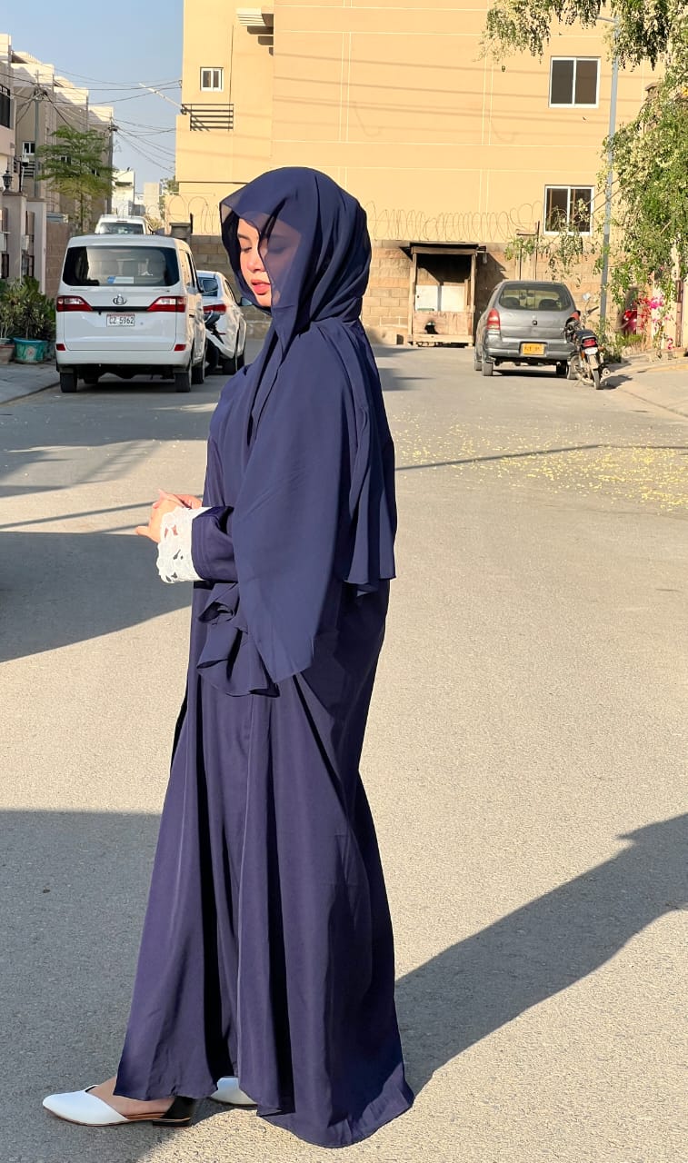 Pintex Abaya with Lace Cuffs - NAVY BLUE