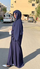 Pintex Abaya with Lace Cuffs - NAVY BLUE
