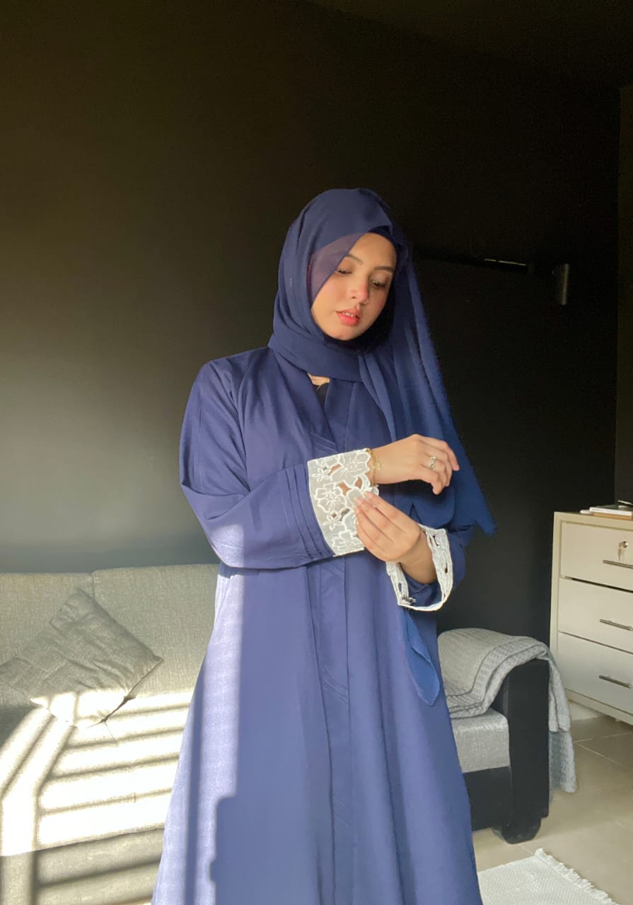 Pintex Abaya with Lace Cuffs - NAVY BLUE