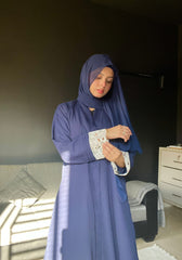 Pintex Abaya with Lace Cuffs - NAVY BLUE