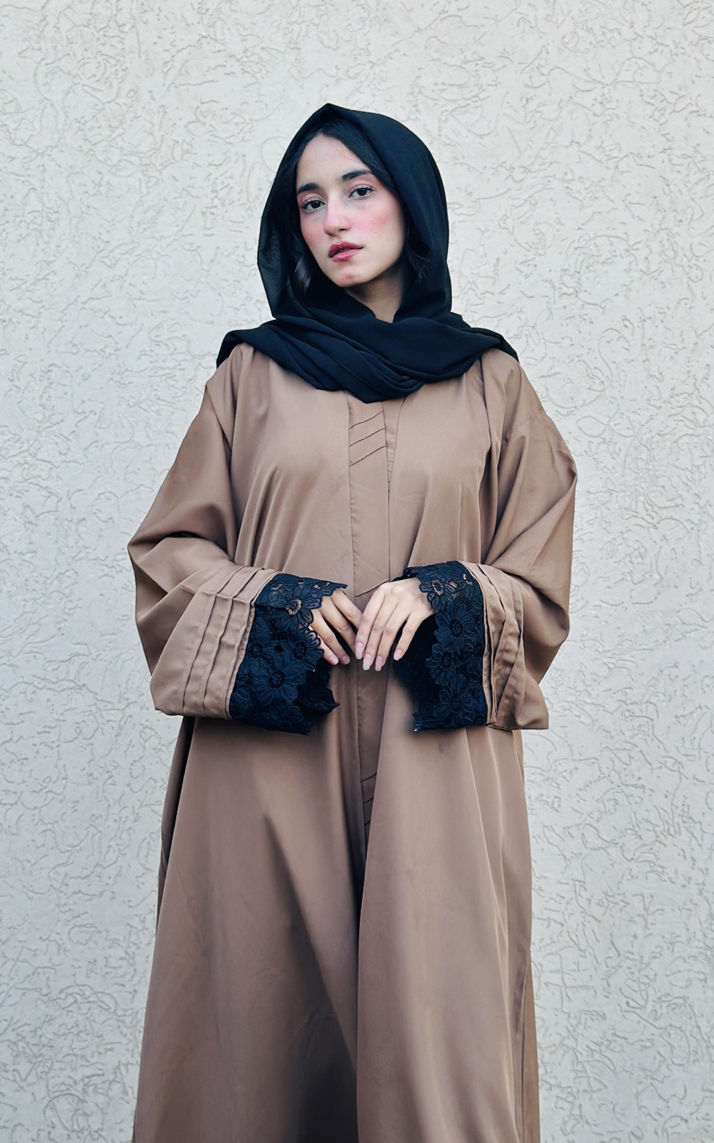 Pintex Abaya with Lace Cuffs - Camel Brown