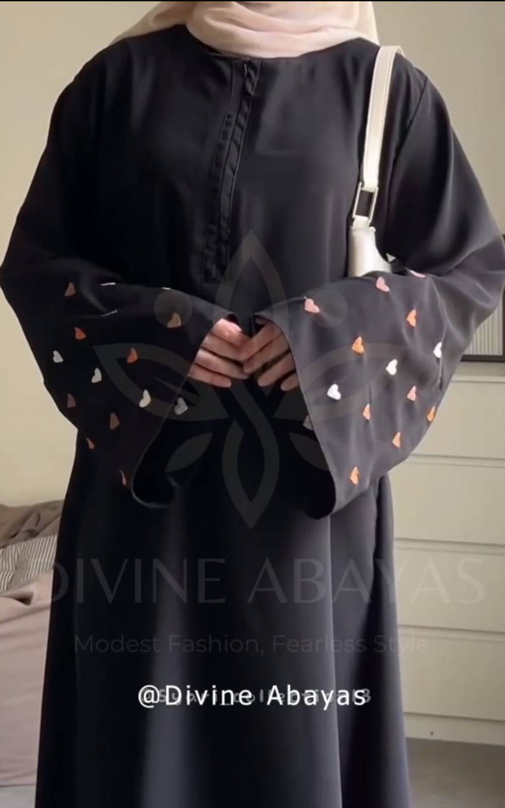 Heart Accents Bell-Sleeve Embroidery Abaya