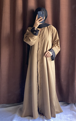 Pintex Abaya with Lace Cuffs - Camel Brown